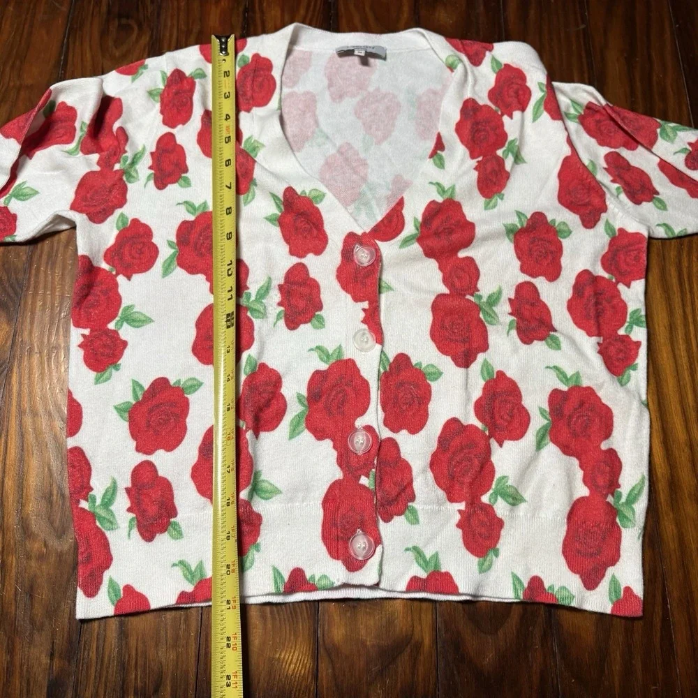 J. Society Rose Floral Cardigan Sweater Red White Cotton M A1387